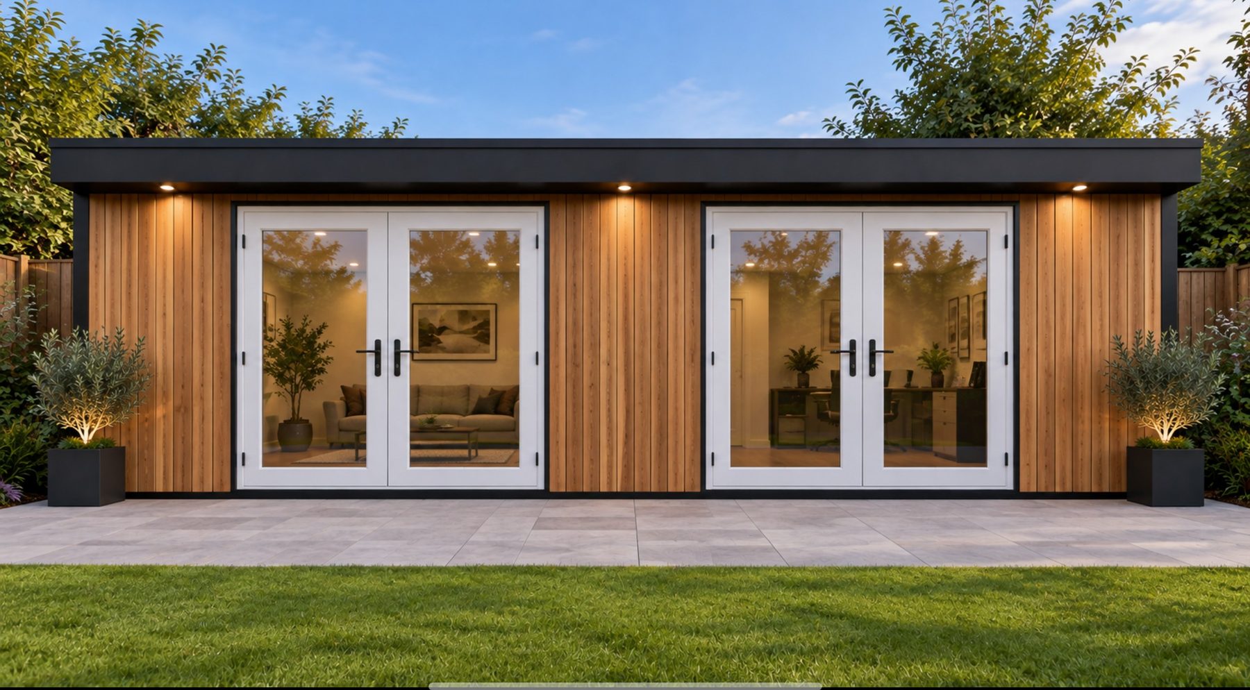 Modern cedar-clad garden room with black-framed double doors, lit interior, home office and living space